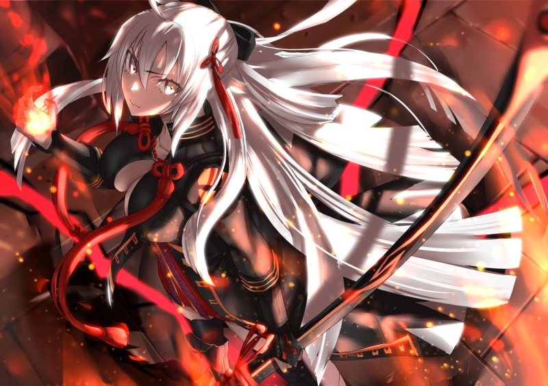 Okita Soji (Alter), hair accessories, fire, white hair, Fate/Grand Order, 720P