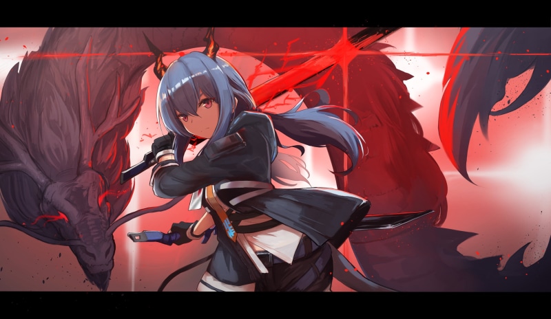 digital art, black gloves, portrait, long hair, Arknights, ponytail, anime, gloves, anime girls, red eyes, 2K, artwork, dragon, sword, blue eyes