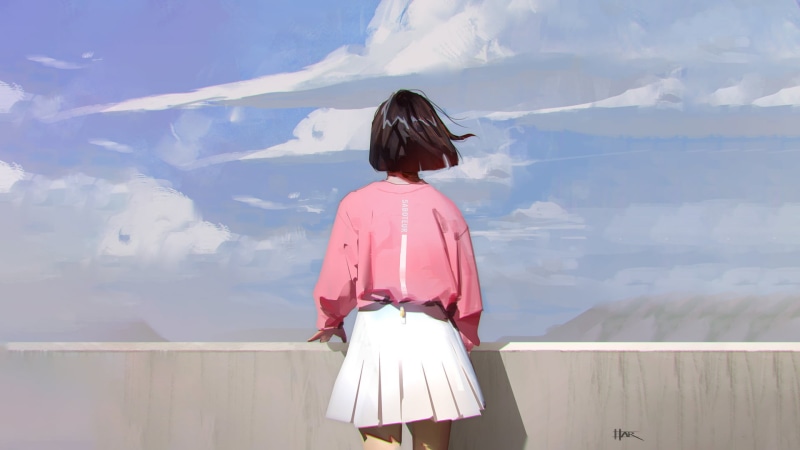 original characters, anime girls, clouds, digital art, artwork, digital, dark hair, anime, 1080P