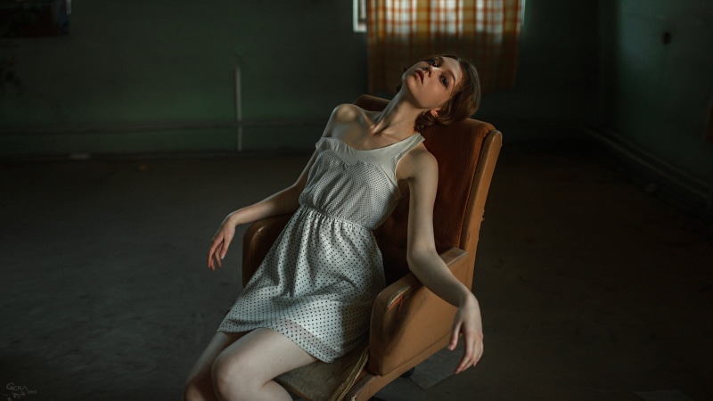 hairstyle, indoors, mini, women, sitting, white, Olya Pushkina, looking, adult, model, clothing, three quarter length, young women, Georgy Chernyadyev