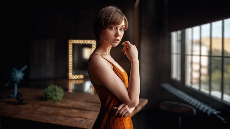beautiful woman, dark, hair, 1080P, dress, window, clothing, contemplation, indoors, glamour, Georgy Chernyadyev, waiting, portrait, young women, looking