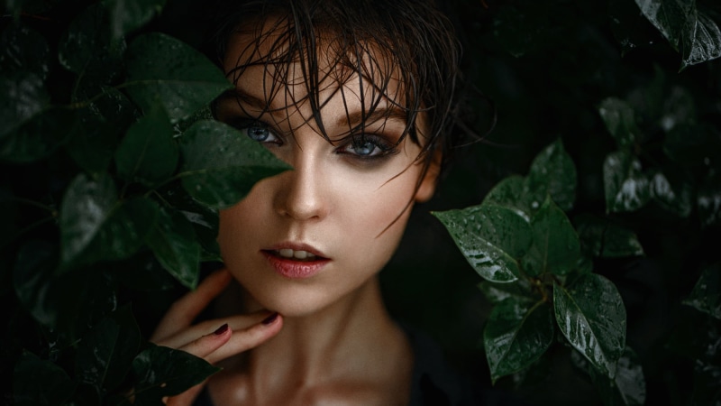 portrait, leaf, headshot, young women, one person, fashion, 1080P, face, close-up, outdoors, body part, human body part, teenager, make-up, young adult