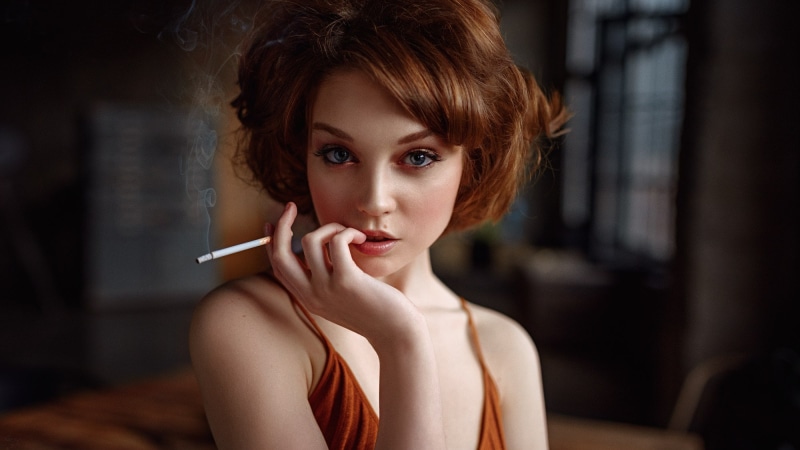 beautiful woman, indoors, Georgy Chernyadyev, looking at camera, glamour, hairstyle, adult, Olya Pushkina, fashion, portrait, contemplation, cigarettes