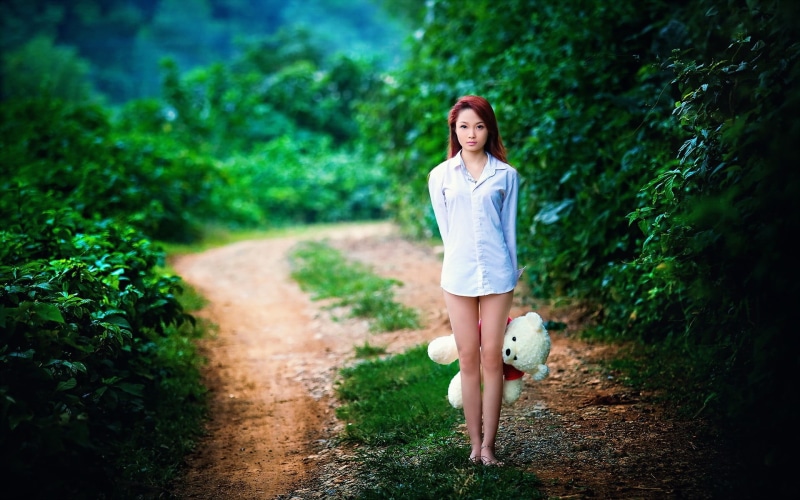trees, shirt, button, white, full length, nature, women, beautiful, joy, smiling, cute, people, relaxation, childhood, long hair, 1080P, enjoyment, tree