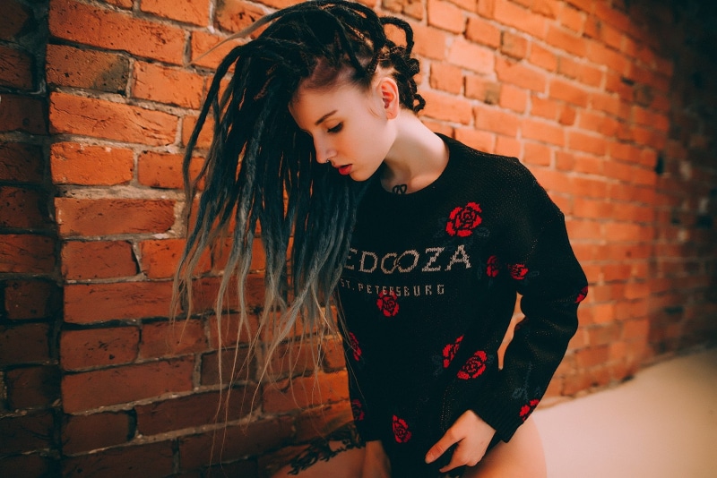 beautiful woman, young adult, beauty, one person, red, three quarter length, Aliona German, dyed hair, black, front view, long, pierced septum, shirt, s