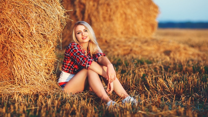 1080P, smiling, young women, hay, hair, women outdoors, shirt, short shorts, portrait, red, Sergey Pinchuk, one person, emotion, women, white, sneakers