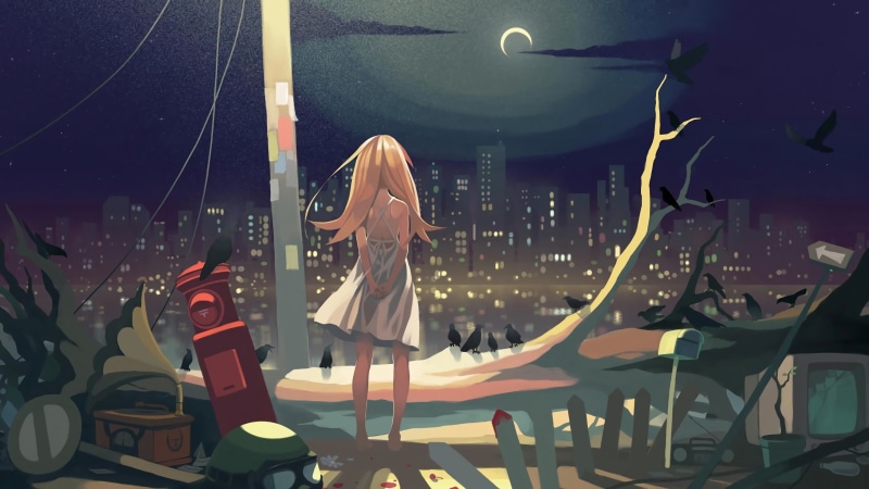 night sky, anime girls, blonde, Moon, Oshino Shinobu, Monogatari Series, 4K, vofan