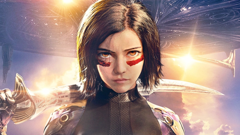 look, armor, Rosa Salazar, Alita: Battle Angel, background, fiction, 1080P, the sun, Alita, hairstyle, the sky, sword, spaceship, girl, Alita: the Battle angel