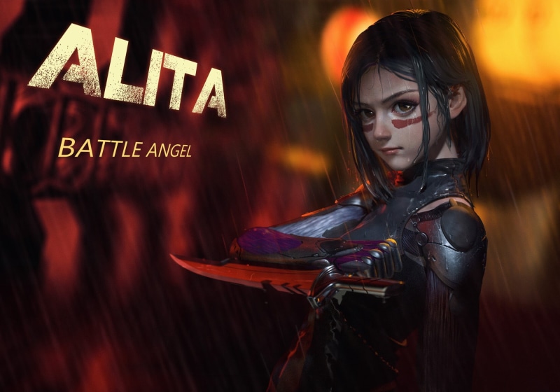 artwork, movie, 1080P, cyborg, anime, Alita: Battle Angel, dagger, warrior, anime girl, weapon, girl, rain, film