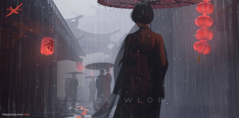anime girls, WLOP, umbrella, 720P, Ghost + Blade
