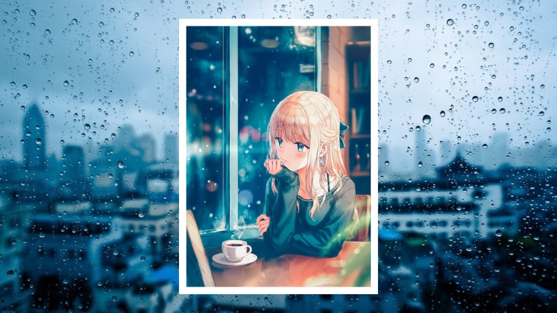 window, anime girl, Anime, raining, coffee, blonde, 1080P, rain drops