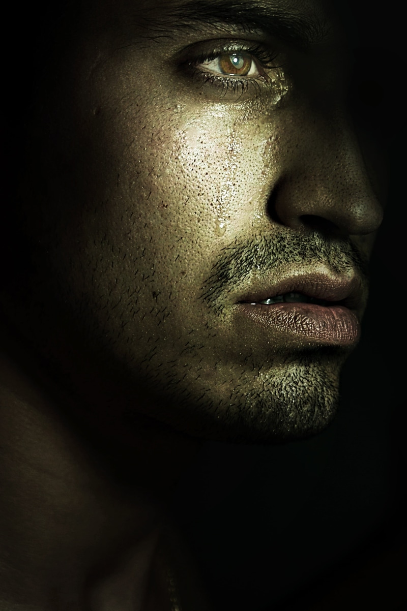 s, one Person, face, black background, 2K, person, beard, man, tear, adult, human body part, dark, look, men, serious, contemplation, tears, looking at camera