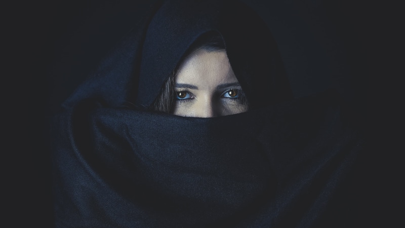 horror, veil, spooky, hijab, front view, looking at camera, girl, headdress, hood - clothing, clothing, covering, headshot, black, woman, black background