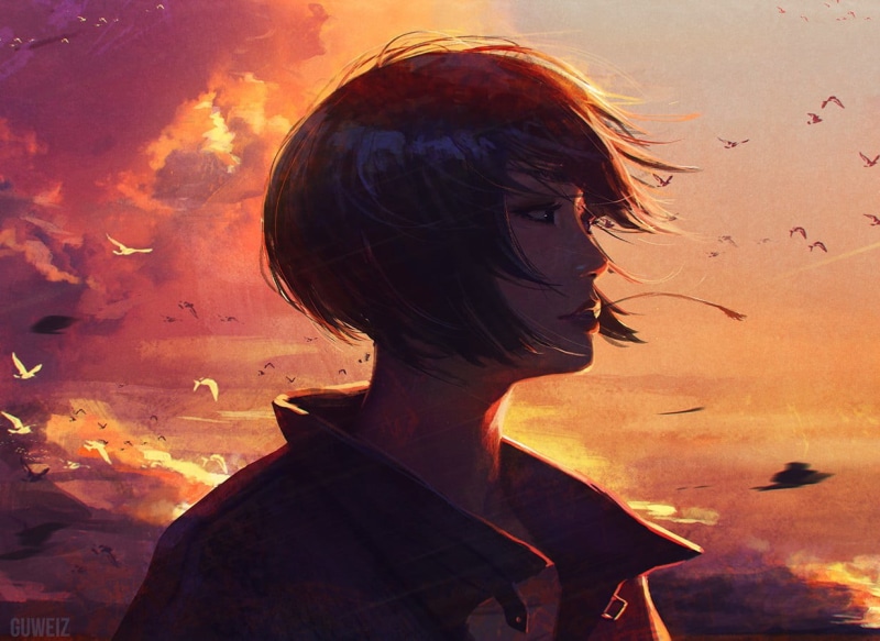 sunset, bird, leisure activity, shirt, side view, headshot, nature, orange color, profile view, 480P, beautiful woman, one person, contemplation, GUWEIZ