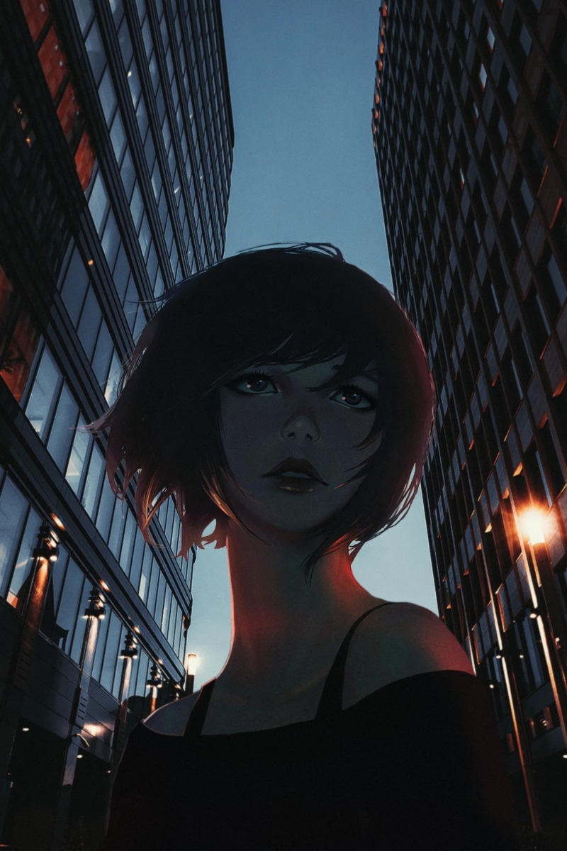 architecture, irl, beautiful woman, portrait, skyscraper, 1080P, low angle view, adult, nature, night, face, built structure, anime girls, sky, illuminated