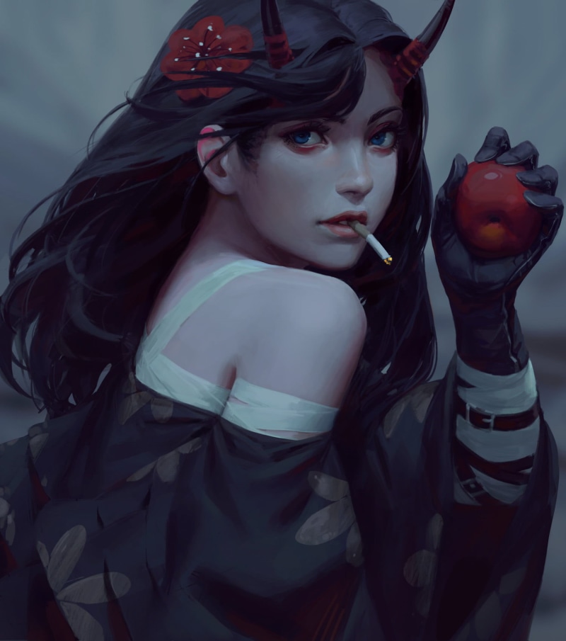 waist up, looking at camera, dress, studio shot, brunette, apples, clothing, hairstyle, females, women, beauty, Z.W. Gu, beautiful woman, horns, young women