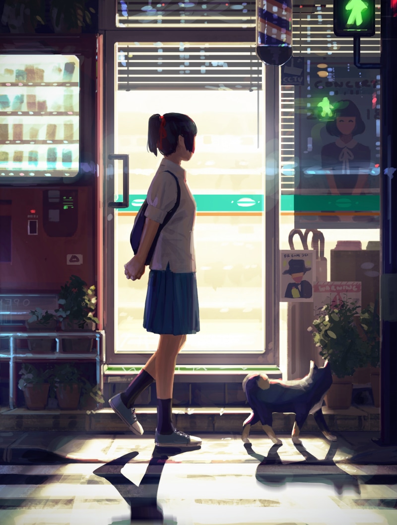 artwork, anime, digital art, night, pet, walking, vending machine, school uniform, original characters, anime girls, GUWEIZ, black hair, drawing, schoolgirl
