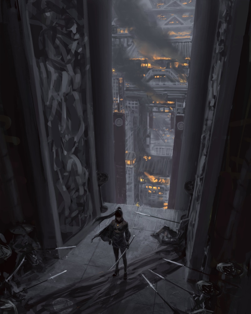 Z.W. Gu, GUWEIZ, warrior girls, ponytail, artwork, black hair, vertical, fantasy girl, high angle, original characters, illustration, women, fire, drawing