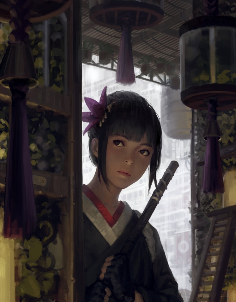 2K, bangs, artwork, looking away, portrait display, Z.W. Gu, kimono, 2D, fingerless gloves, GUWEIZ, original characters, vertical, digital art, women