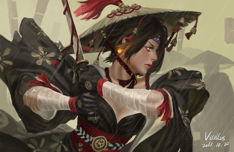 warrior, water drops, katana, 1080P, 2017 (Year), Z.W. Gu, samurai, GUWEIZ, fantasy art, fantasy girl, digital art, blood