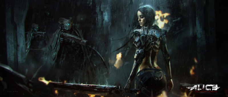 back, environment, armor, 1080P, cyborg, concept art, digital art, rain, shotgun, fire, cyberpunk, long hair, 2D, drawing, Juan Pablo Roldan, digital painting