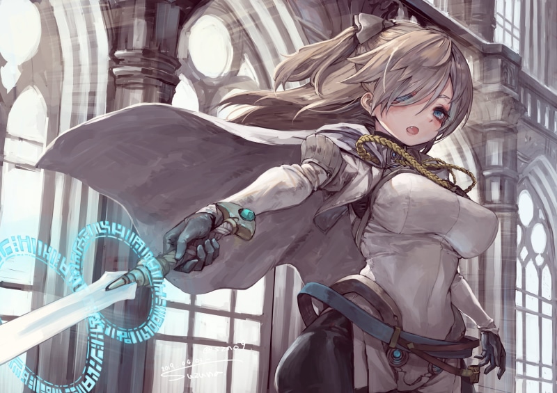 long hair, fantasy girl, original characters, armor, blue eyes, open mouth, 1080P, Suzuno, women, warrior, bangs, digital art, 2019 (Year), fangs, digital painting