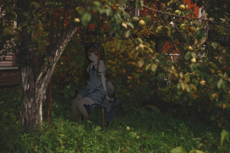 art and craft, city, 2K, front view, nature, 2D, human representation, anime, leaf, plant part, plant, outdoors, growth, green color, creativity, one person
