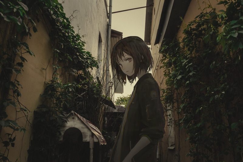 building exterior, shion (mirudakemann), 2K, contemplation, young women, hairstyle, built structure, real people, anime girls, young adult, waist up, looking