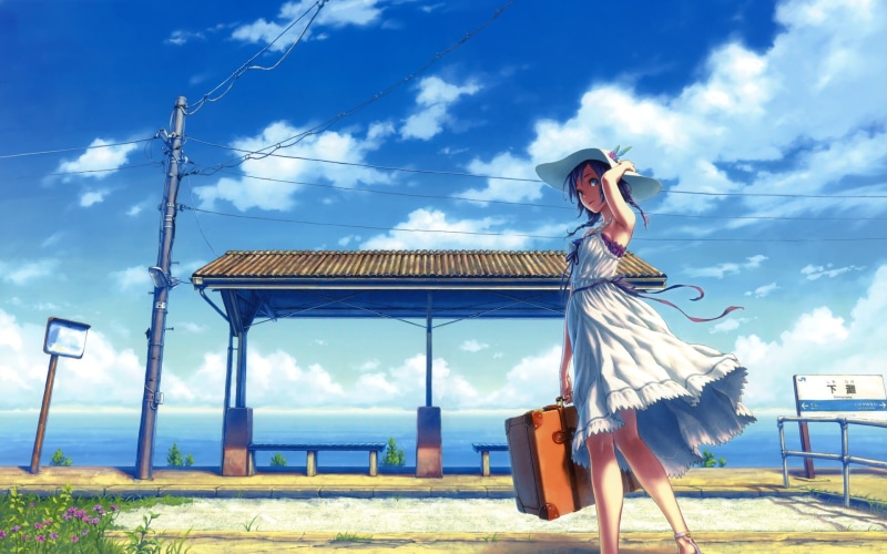 alone, sky, standing, hat, sea, terminal, built structure, one person, young women, leisure activity, wind, land, 1080P, people, fashion, soft shading