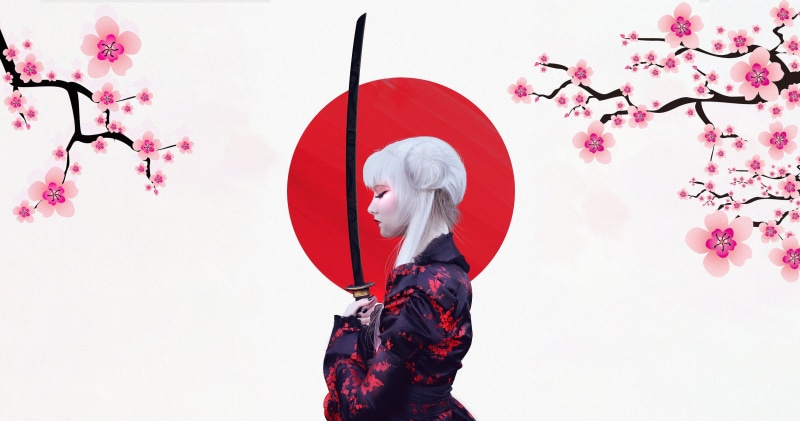 Illustration, by Abrar Khan, Background, Abrar Khan, 2K, Japanese, Japan, Sword, The sun, Girl, Sakura, Art, Characters, Katana, Minimalism