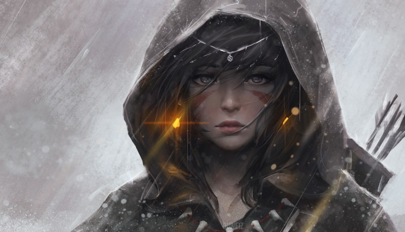 looking, portrait, fantasy girl, fantasy art, 720P, adult, necklace, hair, rain, anime, young women, tattoo, arrows, hood - clothing, beautiful woman