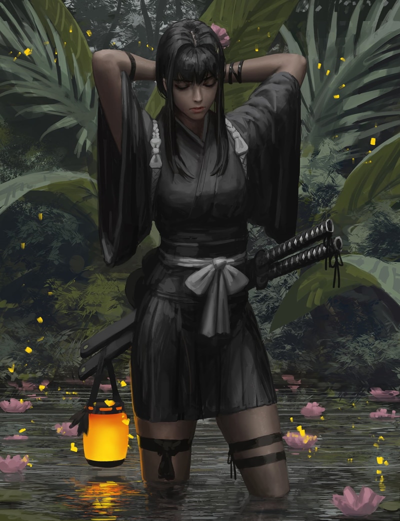 720P, artwork, katana, black clothing, leaves, digital painting, water, digital art, women, GUWEIZ, arms up, lantern