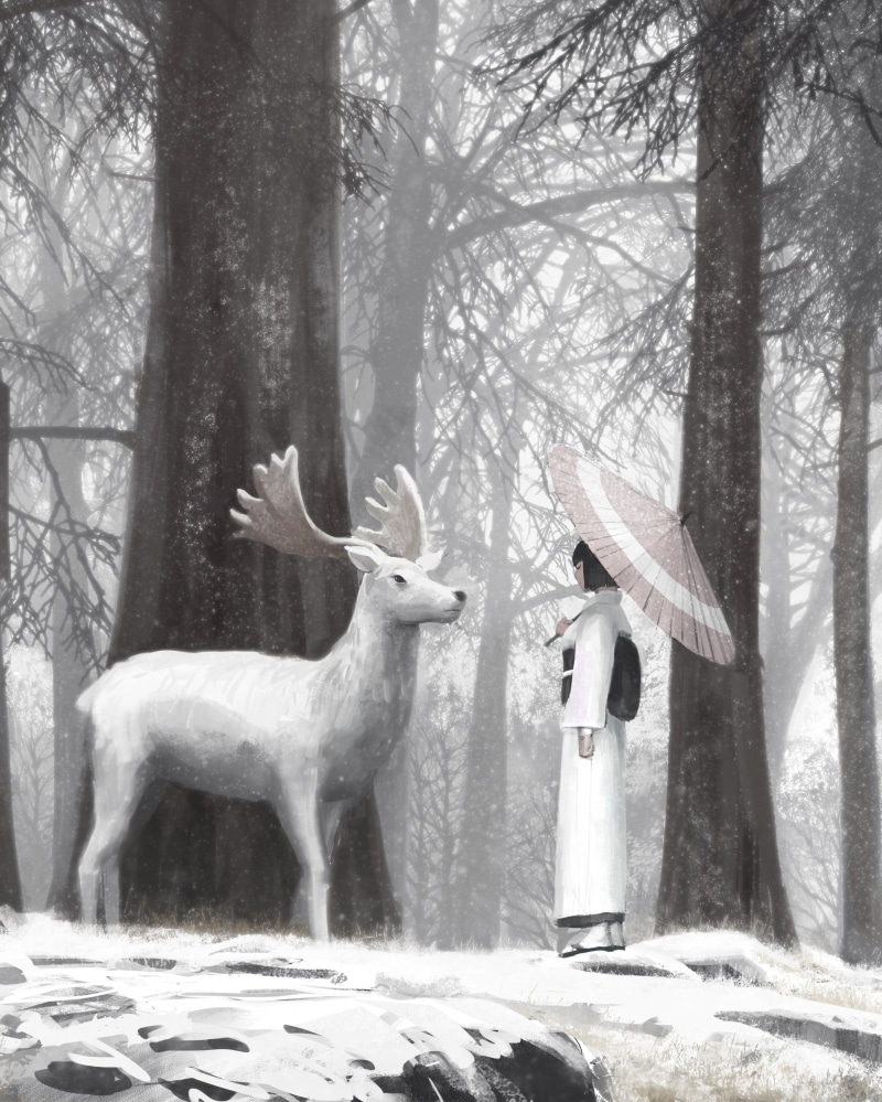 animals, black hair, forest, fantasy art, vertical, umbrella, antlers, digital art, women, kimono, winter, snow, trees, GUWEIZ, artwork, deer, original characters