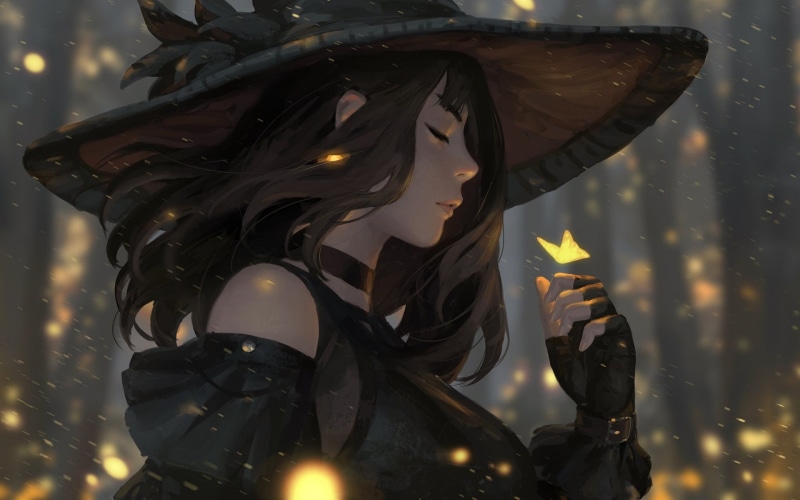 lights, in the hat, mitts, closed eyes, butterfly, Guweiz, portrait of a girl, in profile, black clothes, 1080P