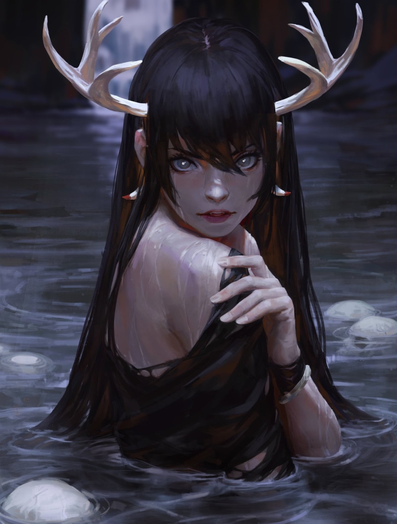720P, wet clothing, fangs, GUWEIZ, black hair, gray eyes, women, antlers