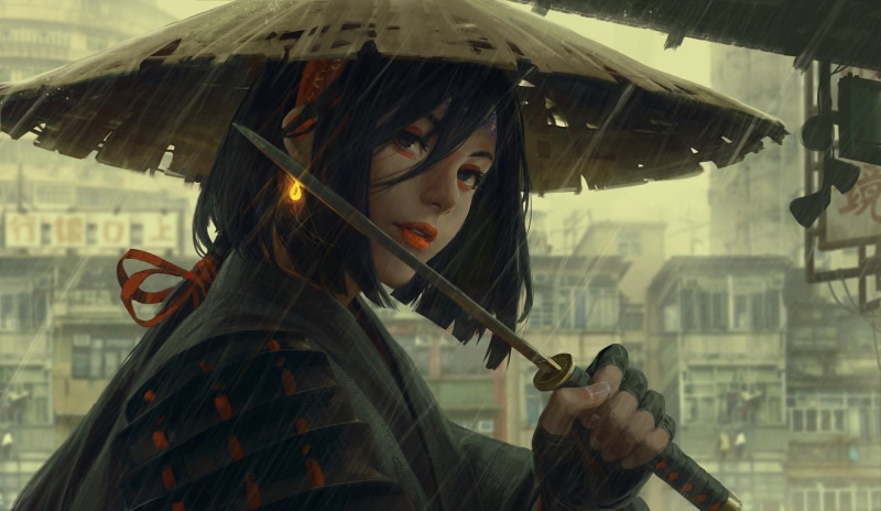 wakizashi, rain, art, armor, gray city, hat, 1080P, woman warrior, Japan, Guweiz, arm
