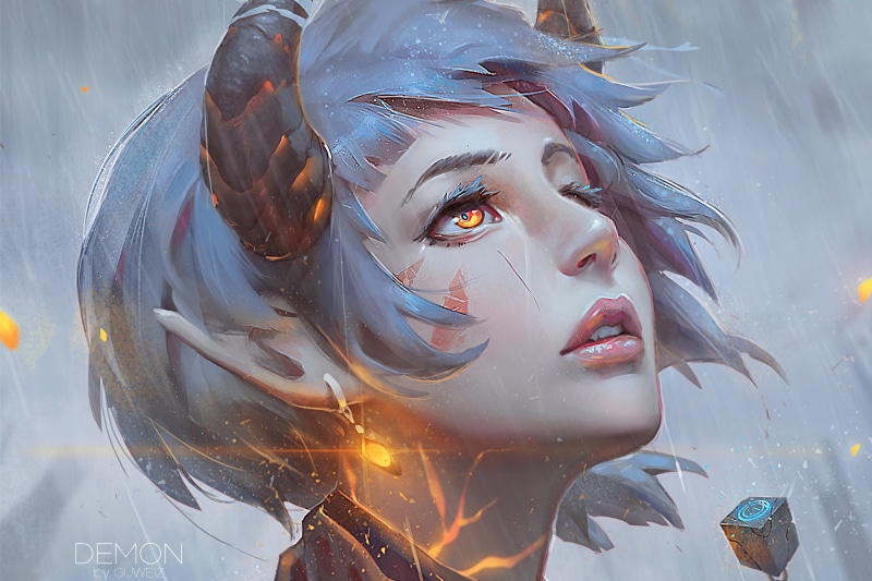 portrait of a girl, yellow eyes, blue hair, elf, fantasy, 1080P, horns, earrings, art, Guweiz, lights
