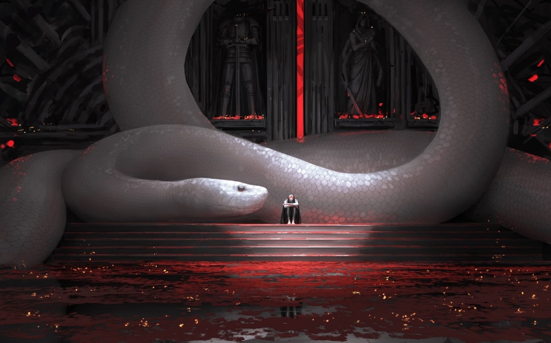 black clothing, snake, women, GUWEIZ, red leaves, Bad guys, white shirt, artwork, 720P, digital art, digital painting
