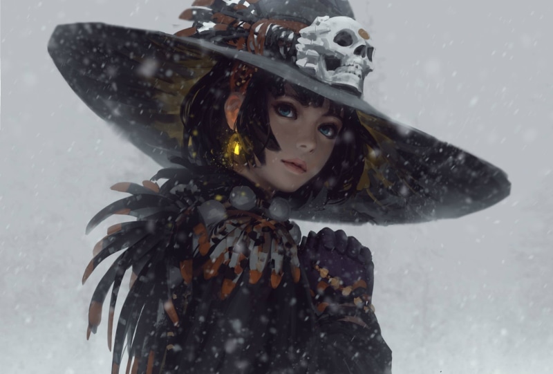 feathers, skull, earring, blue eyes, Guweiz, 1080P, snow, seals, haircut, grey background, portrait of a girl, in the hat