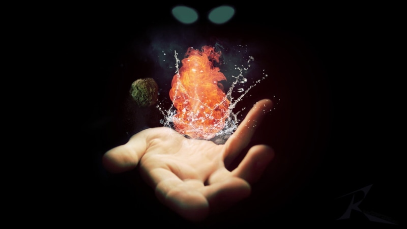 glasses, 1080P, fragility, holding, indoors, wind, close-up, human body part, black background, human hand, fire, copy space, right, person, magic, body part