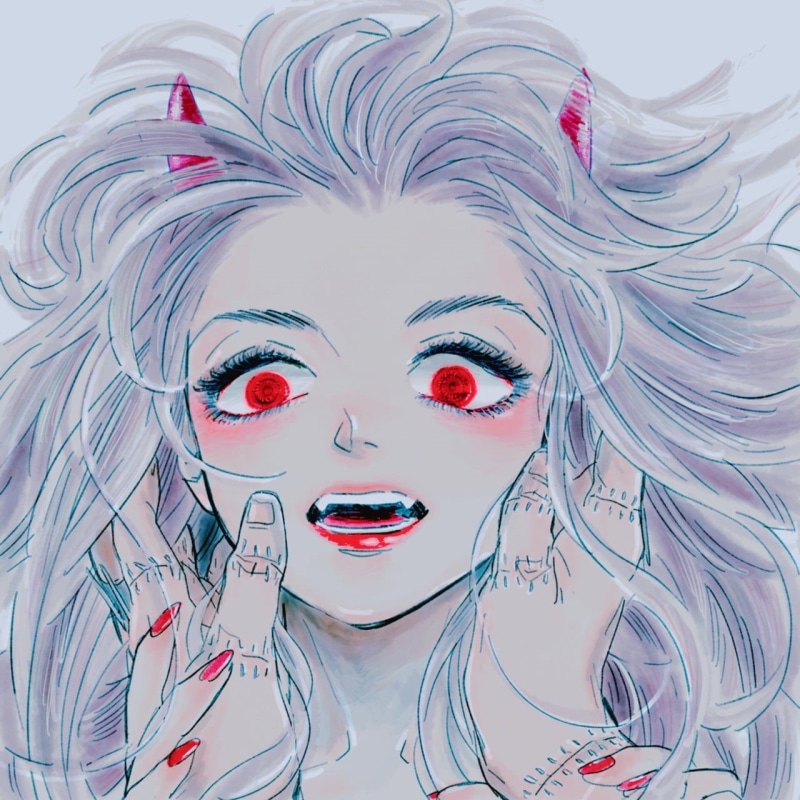 blushing, Dorohedoro, demon horns, messy hair, long hair, anime girls, Shin (Dorohedoro), fan art, 720P, red nails, looking at viewer, 2D, hand on face