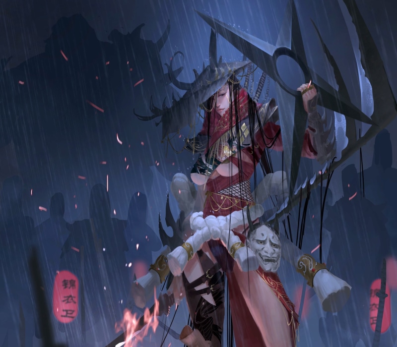 rain, magic, shadows, sword, horns, 1080P, hat, weapons, artwork, Witch, mask, fantasy, girl, fantasy art