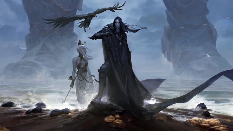 artwork, black hair, fantasy girl, crow, man, fantasy, girl, medallion, Wojtek Fus, sea, shore, cape, 1080P, sorcerer, white hair, magic, digital art