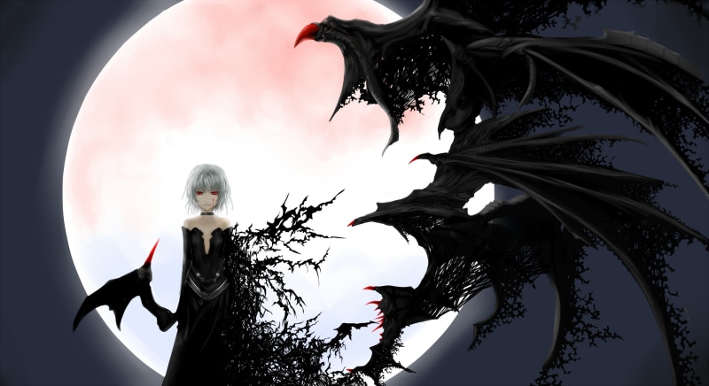 night, black dress, 2K, black magic, Touhou Project, transformation, Clavis, red eyes, blood Moon, art, Remilia Scarlet, vampire, black wings, bat