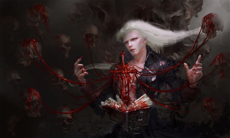 black magic, vampire, warlock, red eyes, Yi Ren, skull, spell, art, 1080P, blood