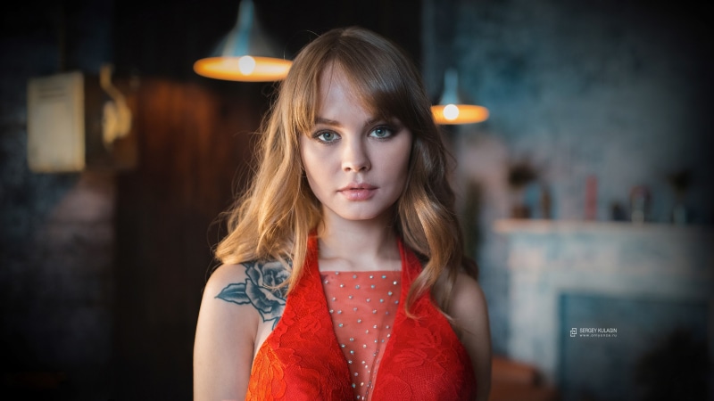 child, 2K, tattoo, offspring, hairstyle, hair, front view, headshot, innocence, Anastasia Scheglova, contemplation, fashion, girls, depth of field, red dress