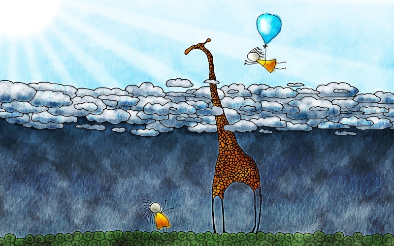 giraffes, lighting equipment, no people, environment, balloon, sun rays, nature, artwork, cloud - sky, outdoors, sunlight, built structure, two, children