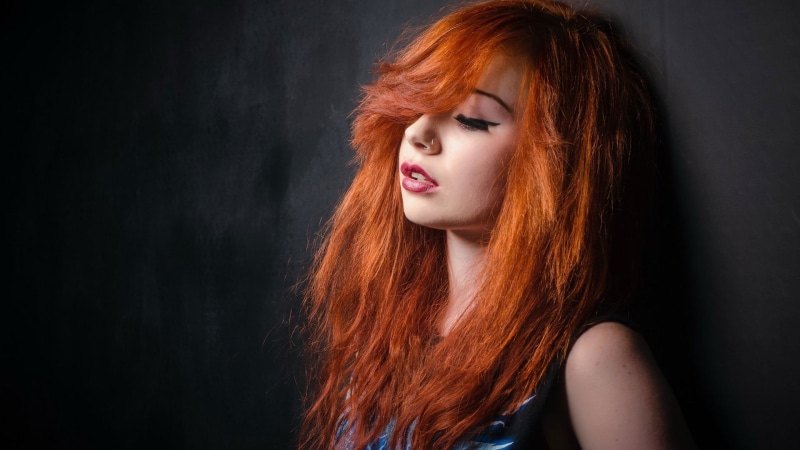 fashion, closed eyes, eyes, face, fashion model, women, adult, headshot, Ariel Rebel, human hair, hairstyle, black background, young adult, model, dyed red hair