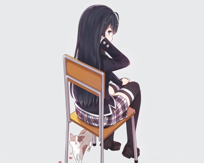 miniskirt, cat, chair, stockings, 1080P, anime girls, thigh-highs, Yukinoshita Yukino, Yahari Ore no Seishun Love Comedy wa Machigatteiru