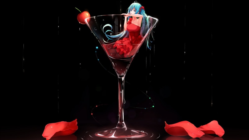red, drinking glass, motion, black background, cocktail, valentines day - holiday, manga, drink, martini glass, Hatsune Miku, indoors, martini, glass, studio shot